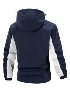 Giacca da uomo con cappuccio blu navy con pannelli bianchi e polsini elasticizzati