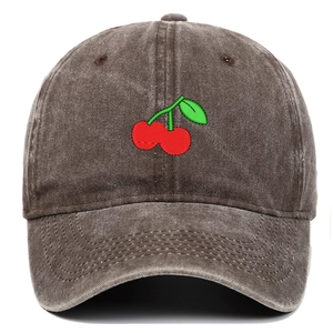 Detail of red cherry embroidery on vintage dark grey washed cotton baseball cap