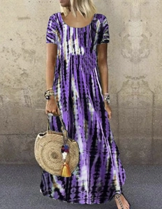 Abito lungo estivo casual tie-dye viola con maniche corte e ampio scollo a giro