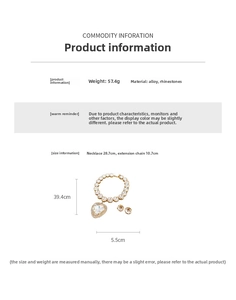 Size specifications for crystal heart necklace set featuring alloy and rhinestone details