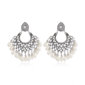 Bohemian fan-shaped pearl earrings with silver metal and vintage crystal accents