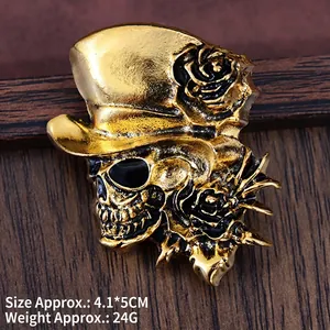Vintage gold skull brooch with roses and top hat, 4.1x5cm alloy gothic badge