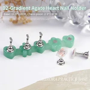Green heart agate pattern nail stand with five magnetic silver metal practice holders