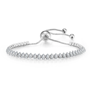 Detail of adjustable silver tennis bracelet with marquise-cut marquise stones and bead slide