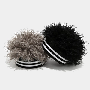 Winter knit beanies with fluffy faux fur and striped cuff in black and dark grey colors