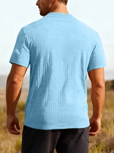 Back view of light blue slim fit t-shirt with textured waffle knit fabric for men