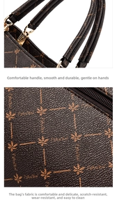 Close-up of durable brown leather texture with elegant leaf print and black handle