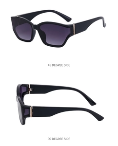 Detailed side views of black square frame sunglasses with elegant metal temple accents