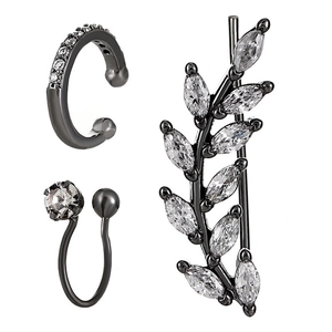 Three-piece gunmetal leaf ear cuff set with white zircon stones for a minimalist look