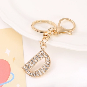 Gold plated alphabet letter D keychain with sparkling rhinestones for car keys and bags