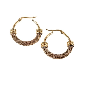 Minimalist gold geometric hoop earrings with intricate woven mesh texture on white background