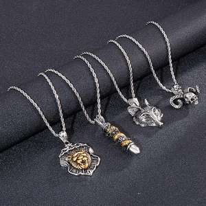 Gothic punk necklaces with lion, dragon, wolf and skull pendants in silver steel