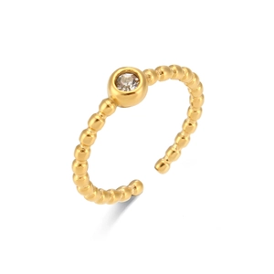 18K gold plated stainless steel open ring with beaded texture and zircon stone