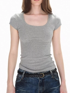 Women Cotton Spandex Ribbed T-Shirt U Neck Short Sleeve Stretchy Slim Fit Retro American Basic Solid Color Casual Top