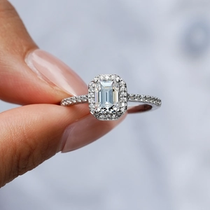 Classic S925 sterling silver emerald cut moissanite ring with halo and pavé band