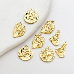 Vintage gold plated brass pendants with colorful zircon inlay for DIY jewelry making