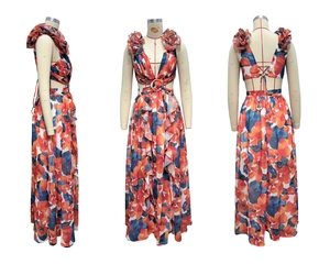 Detailed views of floral maxi dress with deep V-neck, waist cut-outs and ruffled layers
