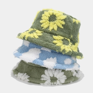 Floral Cloud Pattern Plush Bucket Hat Soft Warm Faux Fur Basin Hat For Women Winter Windproof Outdoor Adjustable