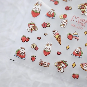 Cute embossed cartoon nail stickers with rabbit and strawberry designs for 3D nail art