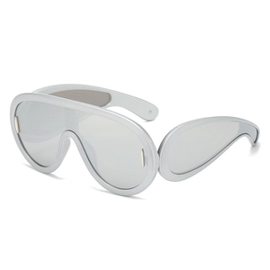 Futuristic silver oversized Y2K sunglasses with streamlined wraparound frame design