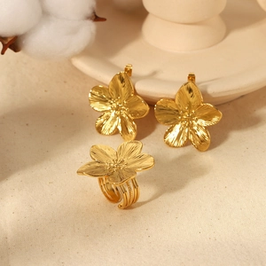 Vintage gold stainless steel flower earrings and ring set with textured metallic petals