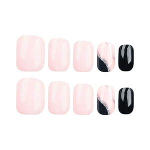 Short square press-on nails set featuring pink, black and silver glitter wave patterns