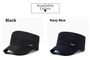 Detail view of the SPORT metal emblem on the side of a flat top military style cap