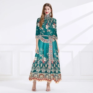 Elegant green floral pleated maxi dress with high neck and matching waist tie for women