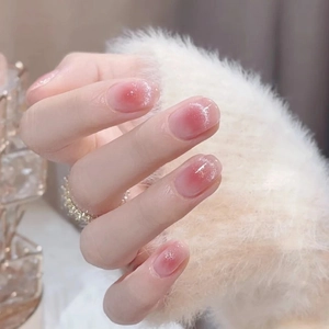 Pink Gradient Cat Eye Press On Nails Short Round Ombre Glitter Shimmer Detachable Glossy Manicure For Women