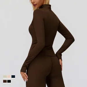 Slim fit fleece athletic set for women featuring a stand collar jacket and leggings