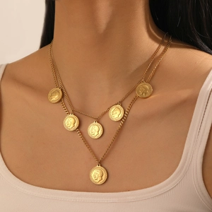 Double-layer gold plated stainless steel necklace featuring vintage coin portrait pendants