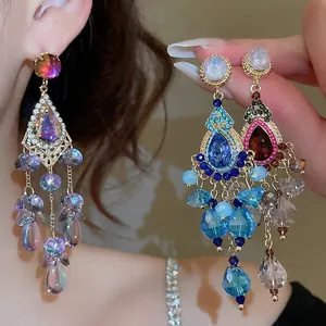 Vintage Long Tassel Drop Earrings With 925 Sterling Silver Earring Post Crystal Rhinestone Bohemian Luxury Jewelry For Women