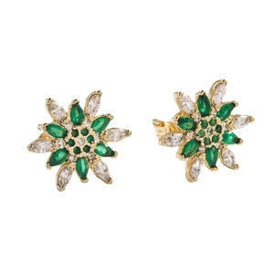 Exquisite gold-plated flower stud earrings with green and clear zircon crystals