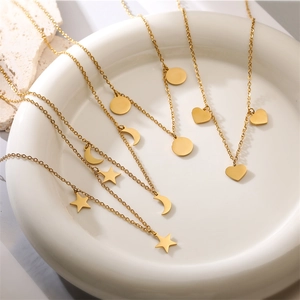 Minimalist Pendant Necklace Stainless Steel Heart Star Moon Round Shapes Dainty Box Chain Jewelry For Women