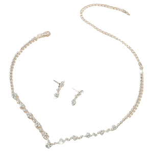 Elegant silver V-shaped bridal jewelry set featuring sparkling zircon necklace and earrings
