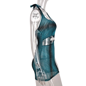 Detail of blue and black striped knit mini dress with halter neck and side cutout design
