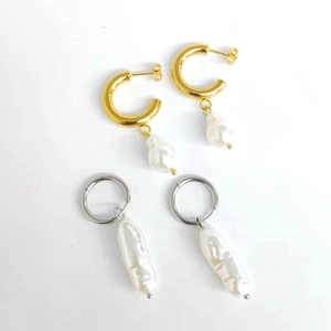 Minimalist 18K gold and silver stainless steel pearl hoop earrings set in C-shape
