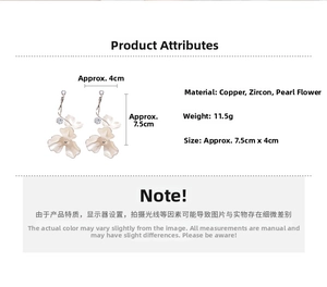 Detailed size chart showing white flower earrings with zircon and pearl drop design