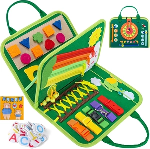 Green felt busy board for toddlers featuring puzzles, alphabets and sensory activities