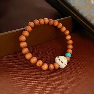 Sandalwood Beaded Bracelet With Acrylic Cat Paw Charm And Turquoise Bead Retro Ethnic Style Elastic Jewelry For Women