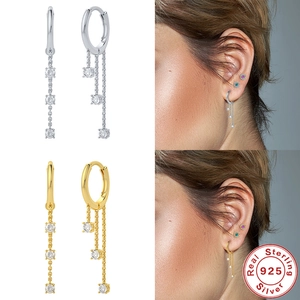 S925 sterling silver chain tassel drop earrings with sparkling round cut stones