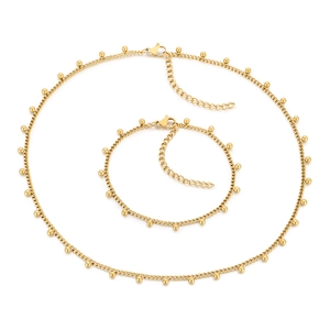 Ensemble collier et bracelet en acier titane doré avec perles et fermoir mousqueton