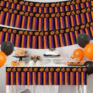 Rideaux à franges et jupe de table Halloween orange noir violet pour déco de fête