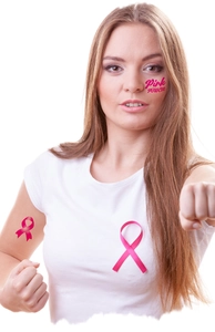 Close-up of pink ribbon waterproof tattoo sticker with Pink Power text on cheek