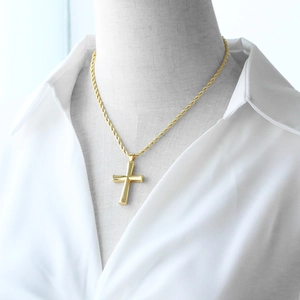 Polished 18k gold plated cross pendant necklace with rope chain for men and women