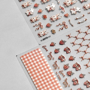 5D Embossed Nail Art Stickers 3D Self Adhesive Rabbit Strawberry Bow Designs Cute Retro Manicure Decoration For Women Girls