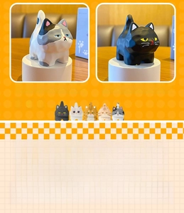 Multiple views showing cartoon wood-carved style resin cat figurines for desk decoration