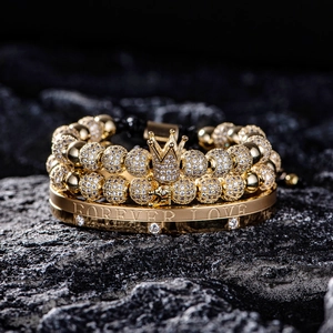 Golden crown bracelet set with zirconia stones and Forever Love engraved stainless steel cuff