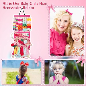 Pink hanging wall organizer for baby girls hair bows, headbands, and clips storage
