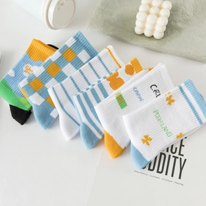 Japanese style cute cotton mid-calf socks with colorful plaid and stripe patterns for summer